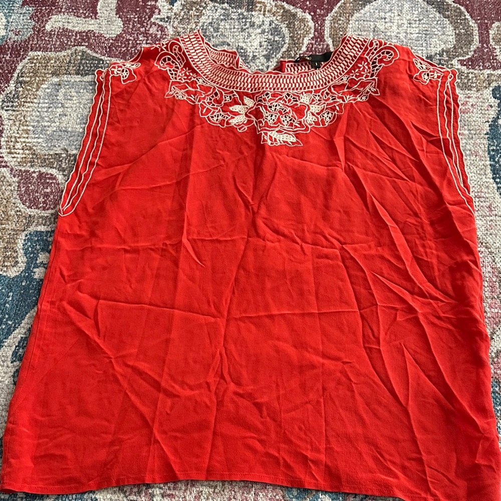 Maje Red Silk Blouse with White Embroidery